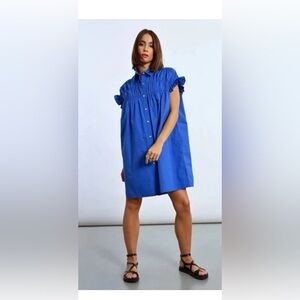 LILI SIDONIO Ruffle Smocked Chest Button Down Shirt Midi Dress Sz S relaxed fit‎